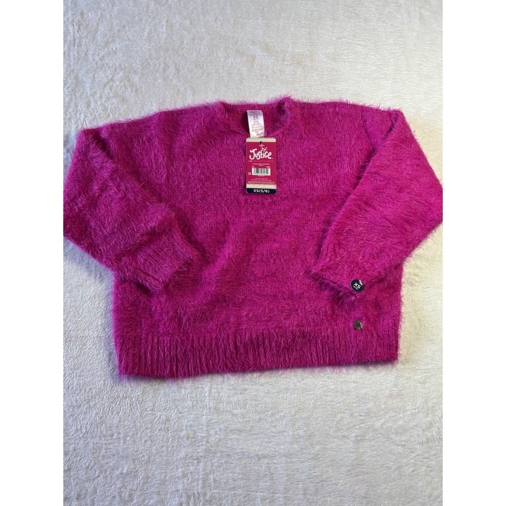 Justice Girls Pink‎ Fushia Fuzzy Sweater Notch Neck Size XS 5/6 NWT